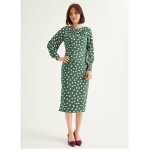 Boden Portia Polka Dot Midi Dress Green White Dot Party Business Sz 6 LONG